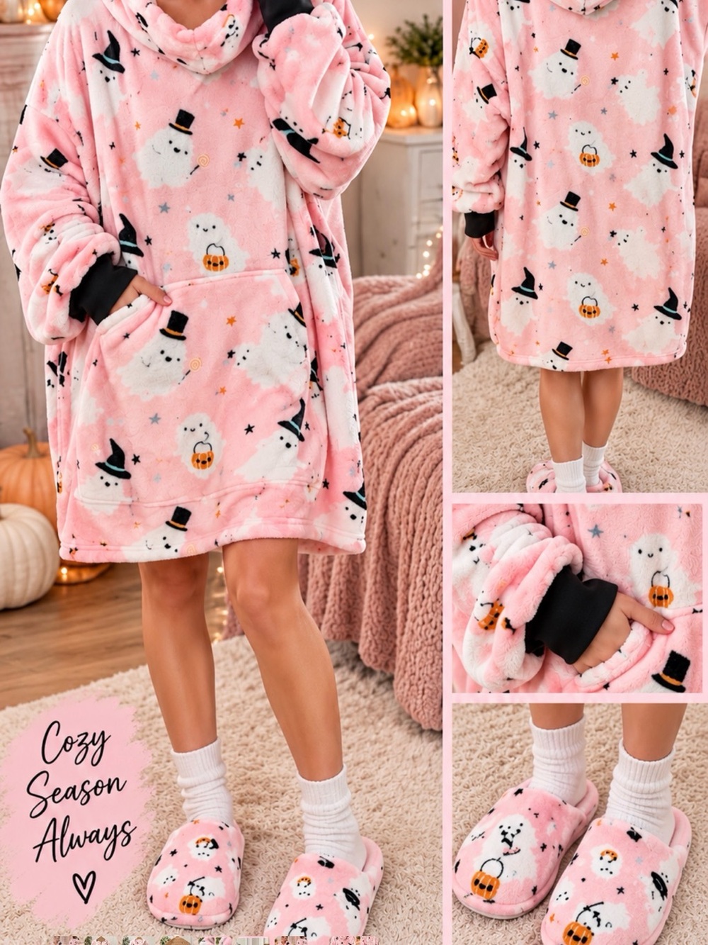 NWT Cupcakes & Cashmere Pink Ghost Oversized Hoodie Slipper Set